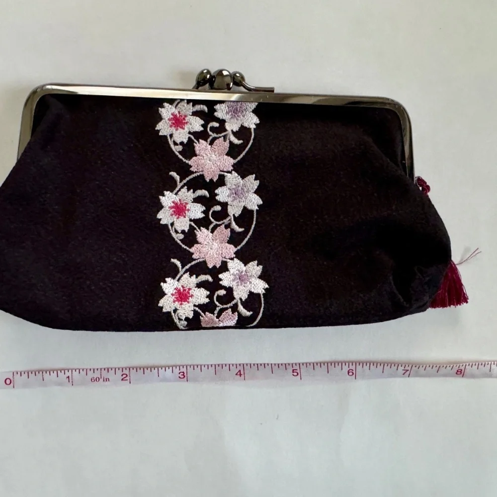 Black Cherry Blossom Evening Clutch, Japan Black with Silver Clasps, Two pockets